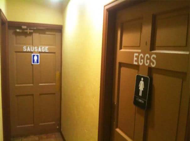 ταμπέλα τουαλέτας ανδρών και γυναικών με λουκάνικο και αυγό